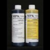 Two bottles labeled component a and component b of 2 lb Kit : MPK-90PB :3 Min Hi Impact PREMIUM BLACK Polyurethane Casting Resin, with detailed product information and warnings, against a black background.