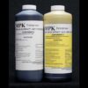 Two bottles of MPK-90PB epoxy resin, one dark gray labeled as component b and one yellow labeled as component a, each with detailed labels and warning signs.