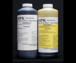 Two bottles of MPK-90PB epoxy resin, one dark gray labeled as component b and one yellow labeled as component a, each with detailed labels and warning signs.