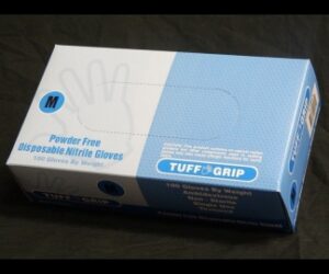 A box of powder free disposable nitrile gloves.