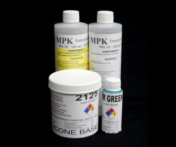 Four containers of SILICONE 2125 / RESIN Starter Kit, including two bottles and two jars, against a black background.