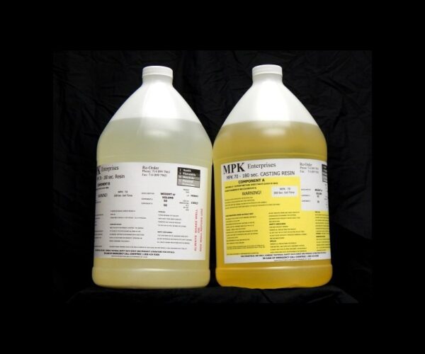 Two large plastic jugs containing 16 lb Kit : MPK-70 : 180 Sec 2 Part Polyurethane Casting Resin, one clear and one yellow, with detailed labels, against a black background.