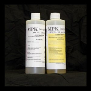 Two bottles labeled "2 lb Kit : MPK-70 -180" against a black background, with text detailing product components and warnings.