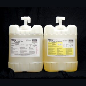 Two large plastic jugs with dispensing pumps, labeled 80 lb Kit MPK-70 : 180 Sec 2 Part Polyurethane Casting Resin, containing a clear yellowish liquid, against a black background.