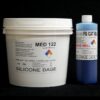 A white bucket labeled "10 lb Kit : Medium 122 FG Cat Blue – (22 shore A durometer) – Food Grade Mold Making Silicone" next to a blue bottle labeled "fg cat blue," both against a black background.