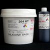 A white plastic bucket labeled "11 lb Kit : QM 264HT : 60 shore A – Platinum Silicone – High Temp" and a black cylindrical container marked "catalyst" against a black background.