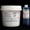 A white bucket labeled "11 lb Kit : QM 270 : 70 shore A – Platinum Silicone" and a blue bottle labeled "catalyst" on a black background, both featuring hazard symbols and product information.