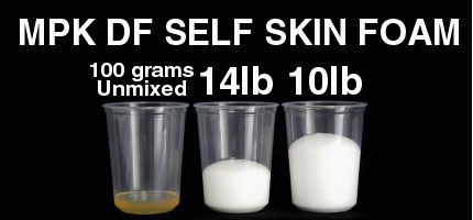 Three transparent cups in a row containing varying states of "mpk df self skin foam": the first is unmixed yellow liquid, the second has white liquid, and the third shows thick white foam.