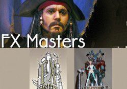 Promotional image for fx masters featuring a character resembling captain jack sparrow, a logo, and a model of a knight on horseback.